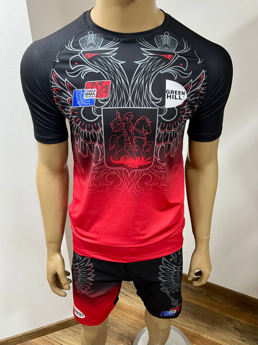 "GREEN HILL"UFC MMA Team •RUSSIA• Set (T-Shirt+Shorts) Schwarz/Rot